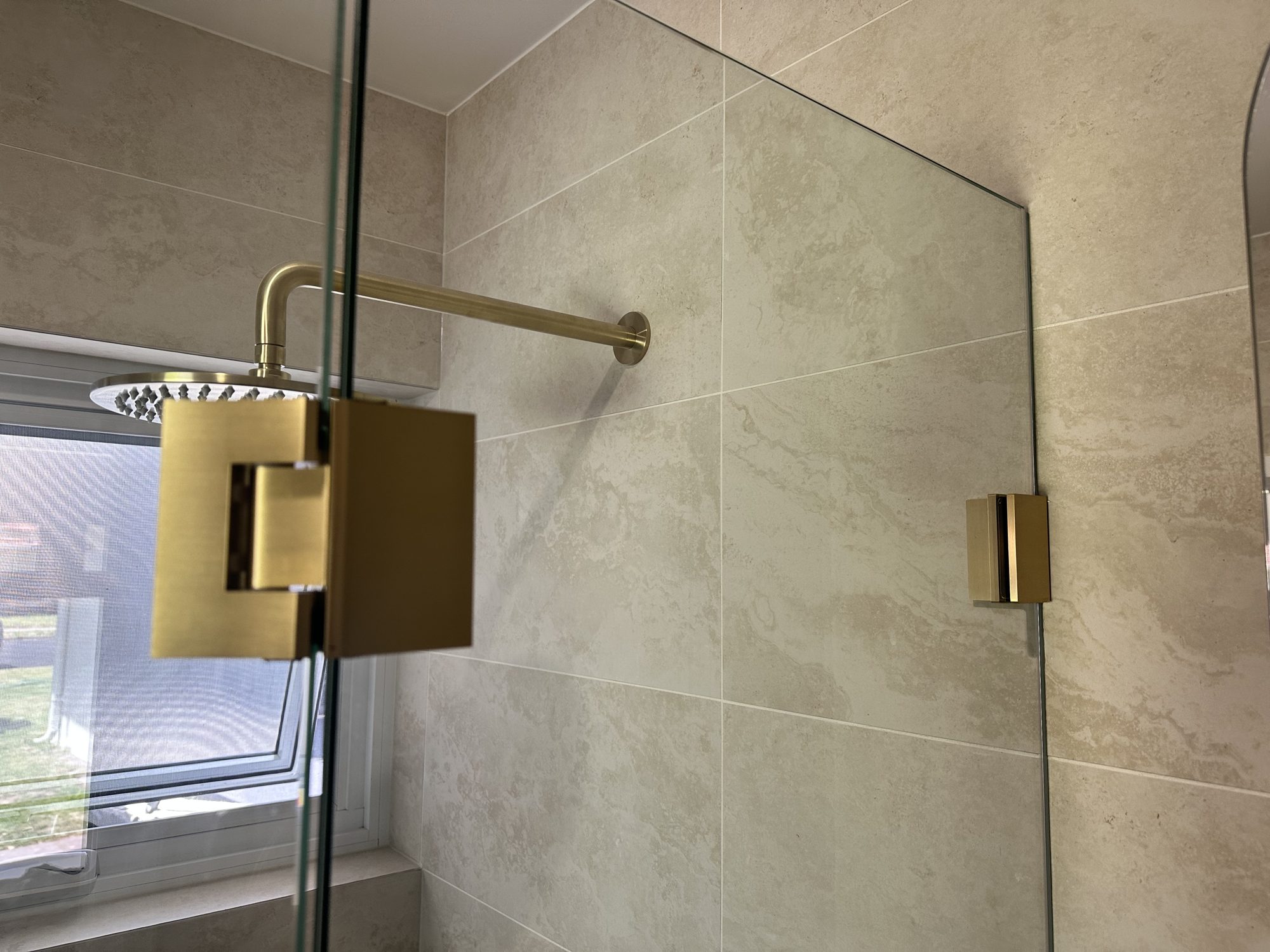 Brass shower arm hinge — Adelaide, Unique Glass Solutions