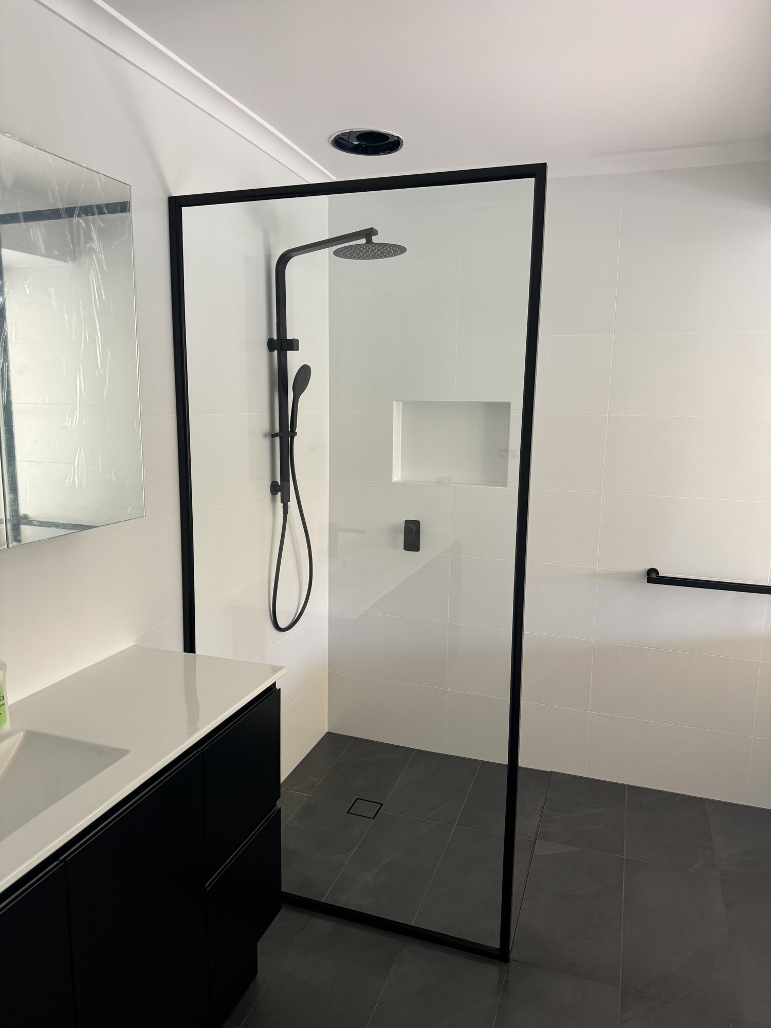 Black framed panel dark vanity — Adelaide, Unique Glass Solutions