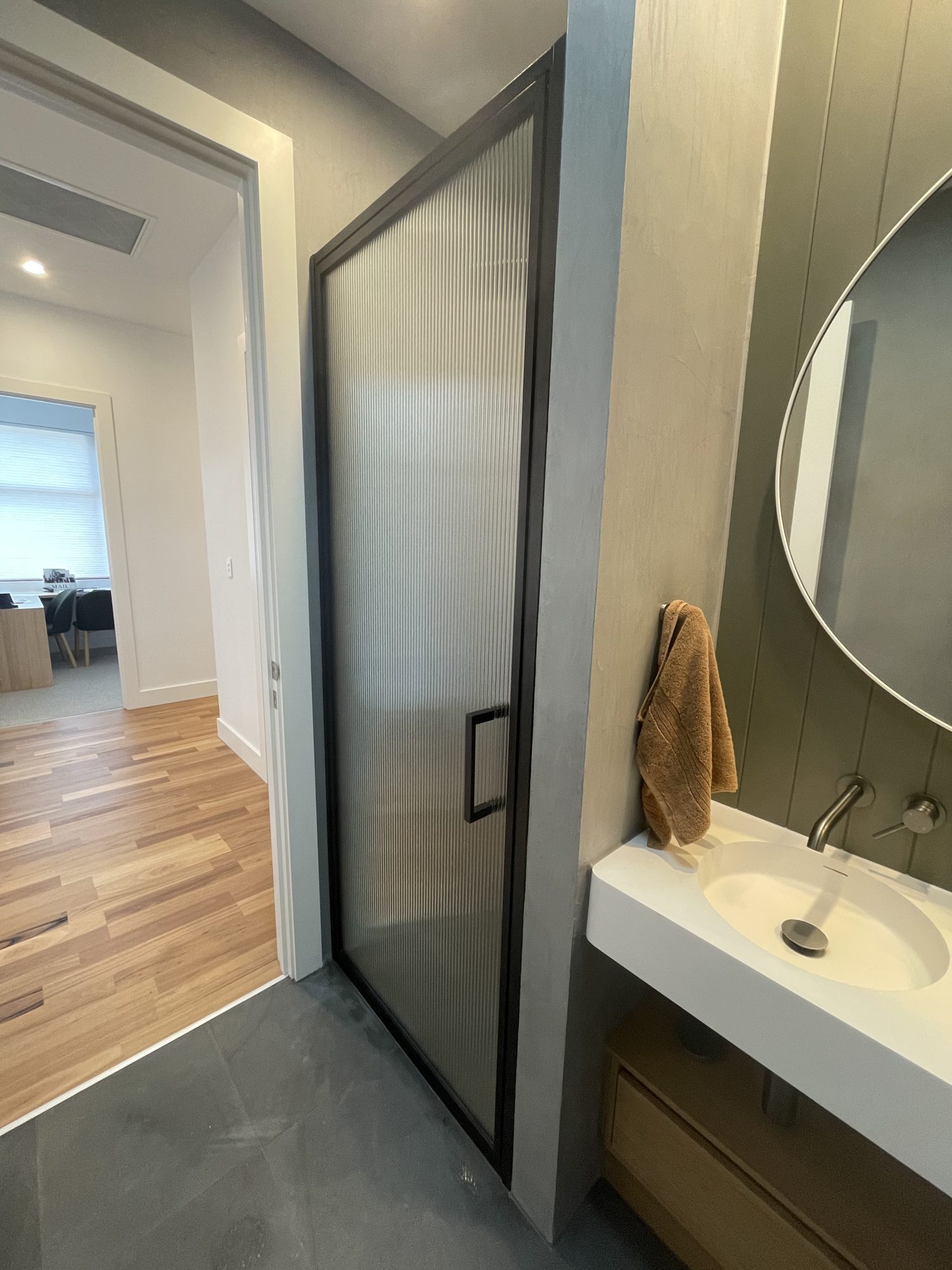 Fluted black ensuite door — Adelaide, Unique Glass Solutions