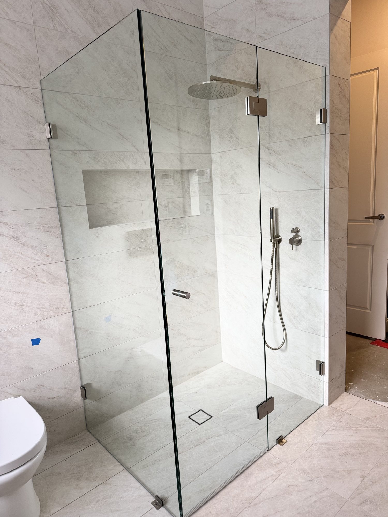 Frameless corner shower enclosure, brushed nickel hardware, Adelaide